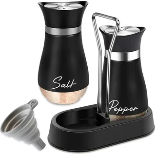 BNGXR Salz und Pfefferstreuer Set, 2 Stück Glasboden Salzstreuer,Gewürzstreuer Küchenzubehör,Pfefferstreuer, Salz Pfefferstreuer mit Halter aus Glas und Edelstahl für Küche, BBQ, Küchenzubehör