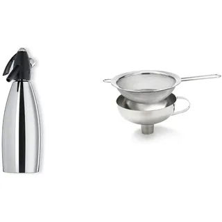 iSi Siphon, Wassersprudler für Sprudelwasser, Schwarz, 8.5 x 8.5 x 31.5 cm & 2714 Sieb & Trichter, Aus hochwertigem & Edelstahl, Direktes Einfüllen in Flaschen, Trichter Edelstahl 750ml, silber