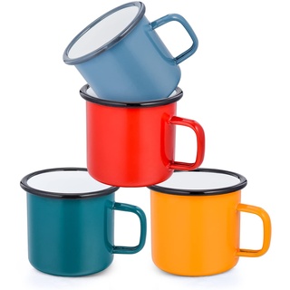 Joyfair Emaille Tasse 4er-Set, 350ml Rot/Blau/Grün/Gelb Kaffeebecher, Porzellan Kaffeetassen Teetassen Set, Trink-/Teebecher Set für Camping, Haus, Party, Büro, Tragbar & Mehrweg - (Vintage Stil)