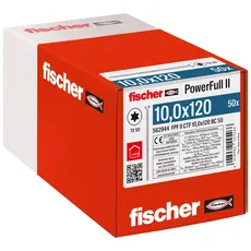 fischer PowerFull II 10,0 x 120, Premium Vollgewindeschraube (50 Stk.) mit innovativer Spitzengeometrie, Stahlschraube für tragende Holzkonstruktionen mit Senkkopf, vermindert Spaltrisiko