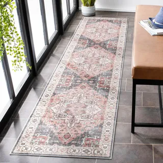 Carvapet Waschbar Läufer Teppich 60x240cm rutschfest Lang Dünner Teppiche Gegend Vintage Medaillon Rosa Teppich für Wohnzimmer Schlafzimmer Küche