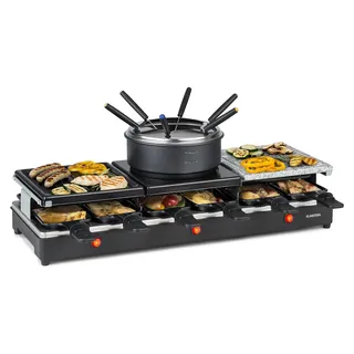 Klarstein Fonduelette XL - 3-in-1 Raclette-Grill & Fondue, 1650 Watt, 3-in-1 Grill: Metall- /Naturstein-/Crêpesplatte, 3 separate Edelstahl-Heizelemente, bis 12 Personen, Antihaftbeschichtung, schwarz - Schwarz