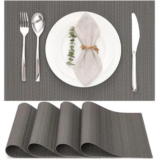 Myir JUN Tischsets Abwaschbar 4er Set, Gewebte Platzdeckchen rutschfest Abgrifffeste Hitzebeständig, Vinyl Platzsets Abwaschbar für küche Speisetisch Hotel, Platz-Matten 30x43.5cm (Grau)