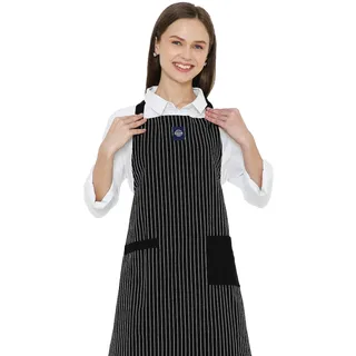 Encasa XO Verstellbare Küchen Schürze mit Taschen und Handtuchhalter, 68x85 cm, recycelte Baumwolle, für Zuhause, Restaurant, Männer & Frauen, Kochen, Backen - Metzgerstreifen schwarz