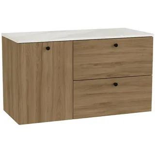 WENA Waschtischunterschrank 100 cm mit Wäschekorb, glatte Fronten, Griffe aus Metall in der Farbe Schwarz (Farbe: Walnuss Dunkel/Marmur Bianco) - Bronze