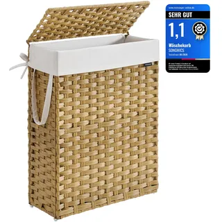 Songmics Wäschekorb schmal, Wäschesammler 55 L, Wäschebox aus synthetischem Rattan, mit Deckel und Griffen, geflochten, faltbar, herausnehmbarer Wäschesack, pastellgelb LCB164N01