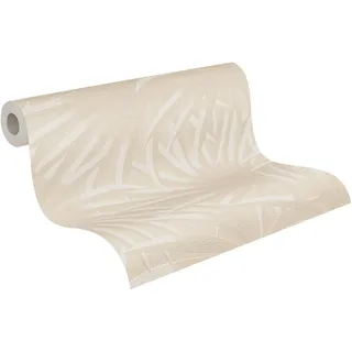 A.S. Création Vliestapete 10,05 m x 0,53 m mit dezentem Palmenblatt-Muster - Beige, Weiß - Tapete in Dschungeloptik - 393382