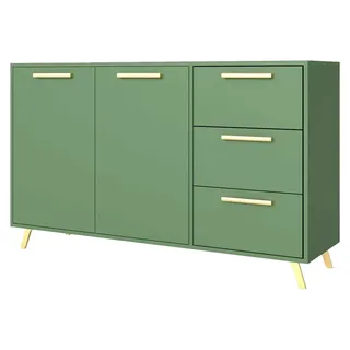 Masseno Kommode ELISE 140 cm Sideboard mit 3 Schubladen und 2 Türen für Wohnzimmer Schlafzimmer Modern 140x41x86 cm Grün - Grün