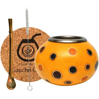 Gaucho Cebar Set für Yerba Mate Tee mit Natürlichem Kalebassen Ibanez | Kürbis Tasse und Edelstahl Trinkhalm Bombilla | Straw for Yerba Mate Tea | Bürste und korkpad, Orange