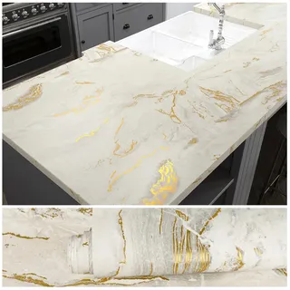 VEELIKE Marmor Tapete Beige Matt 81cm×300cm Möbelfolie Marmor Folie für Arbeitsplatte Küche Wand Klebefolie Marmoroptik Beige Mamorfolie Gold Tapete Badezimmer Wasserfest Wohnzimmer Schlafzimmer