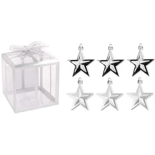 Ideen mit Herz Baumschmuck | Sterne | 6 Stück | 6 x 2,8 x 7,5 cm | zum Aufhängen | Weihnachtsbaumschmuck, Weihnachtsbaumanhänger, Deko für den Weihnachtsbaum (Silber)