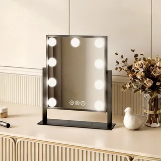 EMKE Hollywood Kosmetikspiegel 85x304x360mm mit 7x Vergrößerungsspiegel, Schwarz Schminkspiegel mit intelligent Touchscreen und 3 Lichtfarben, 9 Dimmer-LED-Leuchten, 360° drehbar und Memory-Funktion - Schwarz