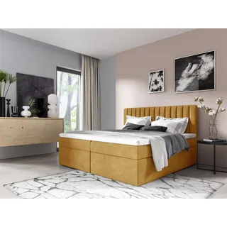 Boxspringbett Schlafzimmerbett LINNEA 200x200cm Stoff Senf inkl. Bettkasten - Gelb