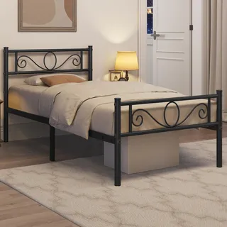 Yaheetech Bettrahmen, 90x200 cm Bett mit Lattenrost, Einzelbett aus Metall | Metallbett, Gästebett, Jugendbett mit Kopfteil für Schlafzimmer Gästezimmer, Schwarz