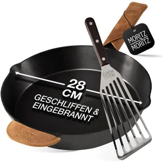 Moritz & Moritz Gusseisenpfanne Induktion 28 cm - Voreingebrannte Antihaft Pfanne Gusseisen Induktion für alle Herdarten, Ofen & Grill geeignet - Inkl. Pfannenwender - Cast Iron Pan Induction