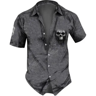 RMBLYfeiye Henley Hemd Herren Reverskragen Druckknopf Totenkopf Drucken Hemd Kurzarm Regular Fit Arbeitshemd Locker Sommerhemd Klassischer Passform Freizeithemd Männer Hawaii Hemd
