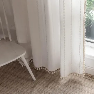 Boho-Fenstervorhänge, halbverdunkelnd, 213 cm, 2 Paneele, Leinen-Quaste, Bauernhaus-Vorhänge mit Stickerei für Wohnzimmer und Schlafzimmer, Vorhänge mit Stangentaschen, 132,1 x 213,4 cm (B x L)