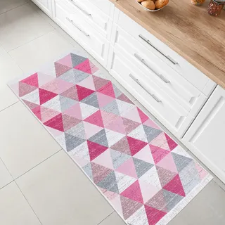 jimri Fashion4Home Teppich Läufer - Tepiche für Wohnzimmer, Schlafzimmer, Küche, Kinderzimmer, Badezimmer - Boho Kelim - Läufer Flur, Karo-Hellrosa, Größe: 60x90 cm