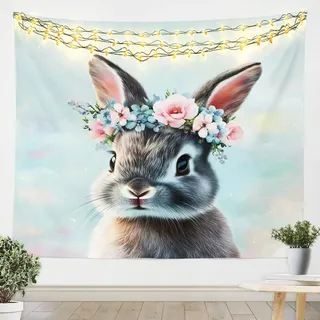 Loussiesd Nettes Kaninchen Wandteppich 148x200cm Kawaii Hase Wandkunst für Kinder Jungen Mädchen Blumenkaninchen Wandtuch Rose Blumenblume Tapisserie Tier