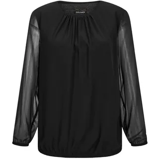 Klassische Bluse GOLDNER "Kurzgröße Jerseybluse mit Falten-Details", Damen, Gr. 21, schwarz, Obermaterial: 67% Polyester PES. 30% Viskose CV. 3% Elasthan EL., Modisch, Blusen Klassische Bluse, Rundhalsausschnitt