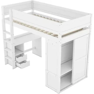 okwish Hochbett 90x200 Kinderbett mit Kleiderschrank Schreibtisch und Schubladen ohne Matratze
