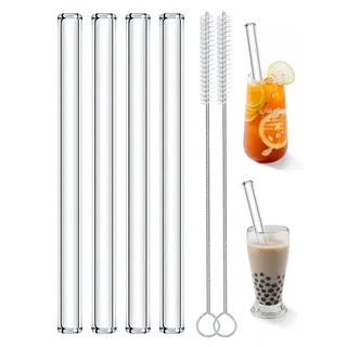 Realure 4 Stück Glas Strohhalm Wiederverwendbar mit Reinigungsbürsten, 14mm Groß Breite Trinkhalme Glas, Glasstrohhalme 21.5cm für Bubble Tea, Smoothie, Cocktail, Slush, Säfte, Clearwater (Gerade)