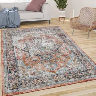 Teppich Wohnzimmer Kurzflor Vintage Oriental Muster Ornamente Bordüre Rot Blau Grösse 60x100 cm - Rot