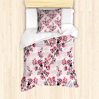 ABAKUHAUS Blumen Bettbezug Set für Einzelbetten, Natur inspirierte Zweige, Milbensicher Allergiker geeignet mit Kissenbezug, Schwarz Puder Rosa Rubin - Schwarz