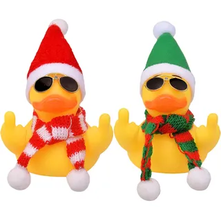 Mwmoeen Weihnachts Gummi Ente Geschenk, 2 Stück Lustige Gummiente Auto Armaturenbrett Dekoration mit Weihnachtsmütze, Schal und Sonnenbrille, Passend für Auto, Büro, Haus Dekoration, (7cm)