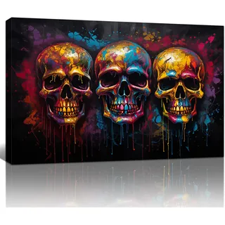 FajerminArt Graffiti Bunter Totenkopf Leinwand Bilder mit Rahmen Weinlese Skelett Bild auf Leinwand Bild Wandbilder XXL Kunstdruck Deko für Wohnzimmer Schlafzimmer fertig zum Aufhängen 90x60cm