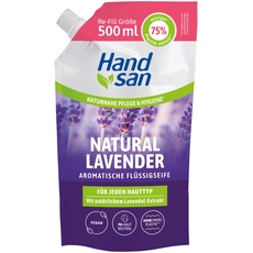 Hand san Flüssigseife Natural Lavender im Nachfüllbeutel 500 ml, mit natürlichem Lavendelöl, Händewaschen & Gesichtsreinigung, Rezeptur ohne Mikroplastik, pH-hautneutral, vegan