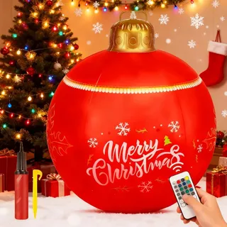 Hysagtek 60CM Beleuchteter Aufblasbarer Weihnachtsball mit Erdspießen und Pumpe, Riesiger Aufblasbarer Weihnachtskugeln im Freien mit LED-Licht und Fernbedienung, Rot
