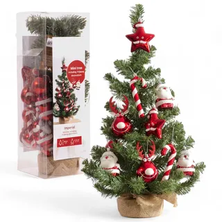 MIJOMA Mini-Weihnachtsbaum im Jutesäckchen | Dekoriert mit 10 Figuren | Bruchfester Kunststoff | Realistische Soft Needles | Standfest & Dekorativ | Ø35cm, Höhe 60cm (Baumschmuck Rot)