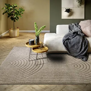 ELLE Decoration Panglao moderner Hochflor Teppich - Wohnzimmerteppich Flauschig – Hoch-Tief Effekt Skandi Boho Geometrisch Wellen, Bogen - für Wohnzimmer, Schlafzimmer, Küche - Taupe, 160x235cm