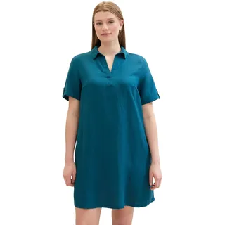 TOM TAILOR Damen Plussize Leinenkleid mit Polo Kragen , Moss Blue, 48