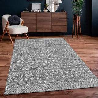 Outdoor Teppich Flachgewebe modern Boho Ethno wetterfest Außenbereich Grösse 240x340 cm - Grau