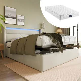 Flieks Boxspringbett mit Matratze 140x200cm, Polsterbett mit LED und Lattenrost, Jugendbett mit Bettkasten Bettgestell, Stauraumbett Weiß - Weiß