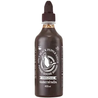 FLYING GOOSE Würzig schwarze Pfeffer Sauce, scharf, schwarze Kappe, Würzsauce aus Thailand, ideal für Pfannengerichte geeignet, 1 x 455 ml