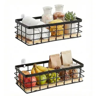Drahtkorb, Obstkorb, Metallkorb, Metall Badezimmer Aufbewahrungskorb, Schwarz Dekokörbe, Haushalt Wandkorb, Korb Metall für Küche Speisekammer, Obst Snacks, 25x10x7.5cm(2 Stück)