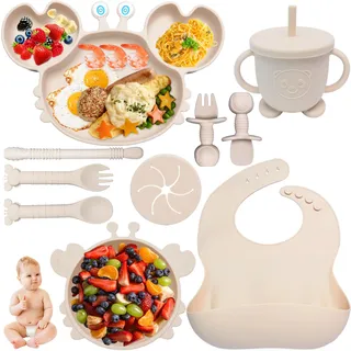 Kinyoda 10-teilig Silikon Baby Geschirrset, Rutschfest Kindergeschirr Set mit Saugnapf, Babyfütterungsset mit Löffel Gabel Schüssel Lätzchen Becher Trinklernbecher Teller, Silikon Geschirr Baby(Beige)