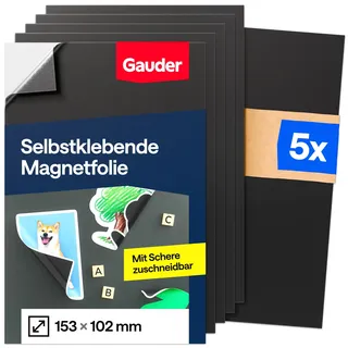 GAUDER Magnetfolie selbstklebend stark - Magnetische Folie zuschneidbar für Fotos, Basteln & Stanzschablonen - Magnetplatte selbstklebend - Magnetmatte für Haushalt & Schule (5 Stück - 153 x 102 mm)