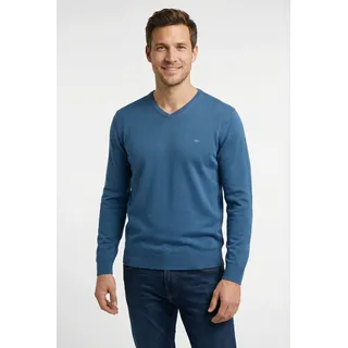 Strickpullover FYNCH-HATTON "FYNCH-HATTON Pullover mit V-Kragen", Herren, Gr. XXXL (60/62), blau (azur), Strick, Obermaterial: 100% Baumwolle, unifarben, bequem hüftbedeckend, V-Ausschnitt, Flachstrickbündchen, Pullover Strickpullover, aus Baumwolle, mit V-Ausschnitt, bequeme Passform