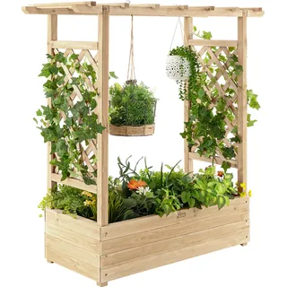 COSTWAY Hochbeet mit Rankhilfe, Rankgitter & hängendem Dach, Pflanzkasten, Blumenkasten Pflanzgefäß für Kletterpflanzen, hängende Körbe Natur - Naturbelassen