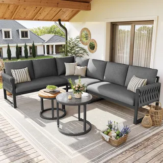 Flieks Gartenlounge-Set 5 teilig, Gartenmöbel-Set mit 2 Couchtischen, Terassenmöbel Balkonmöbel mit Kissen für 5-6 Personen, Sofagarnitur Grau - Grau