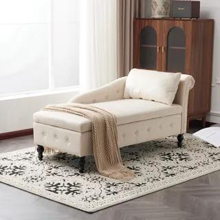 Merax Chaiselongue-Sofa aus Samt mit Stauraum, gepolsterte Loungesessel mit Nagelkopfbesatz und Knopfheftung, Einzelsessel mit Kissen, rechte Armlehne - Beige