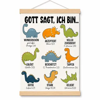 Velvahue Dino Poster mit Bibelversen Christliche Deko für Kinderzimmer Tauf | Dino Bilder Kinderzimmer mit Fertigen Holzaufhängern, Dino Geschenk für Taufe, Geburtstag & Kinderzimmer-Dekoration 30x40cm