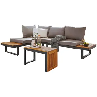 Amatio Loungegarnitur , Anthrazit, Akaziefarben, Hellgrau , Holz, Metall, Textil , Akazie , massiv , Füllung: Schaumstoff , L-Form, links montierbar, rechts montierbar , Fsc , Gartenmöbel, Loungemöbel, Loungegarnituren