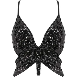 Mocure Damen Shimmer Pailletten Crop Top Low-Cut Tube Top Butterfly Rave Tank Weste Top - Schwarz - Einheitsgröße