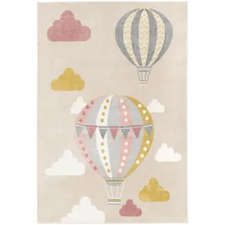 RugVista Balloon Ride Kinderteppich, 100 x 160 cm, Beige/Rosa | Moderne, Kinder, Rechteckig, Niedriger Stapel, Nur chemische Reinigung, Oeko-Tex 100, Ohne gefährliche Chemikalien