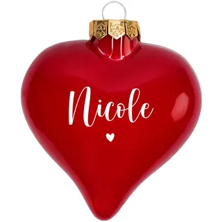 Herz & Heim® Personalisierte Weihnachtsbaumkugel in Herzform aus Glas – Christbaumkugel-Herz als Deko oder Geschenk – Weihnachtskugel mit Name oder Foto als Christbaumschmuck (Herzchen, Rot glänzend)